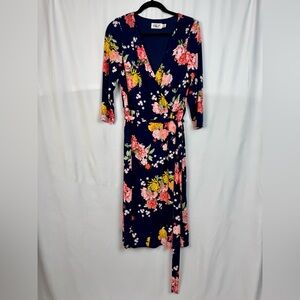 Floral Faux Wrap Dress - Navy and Pink